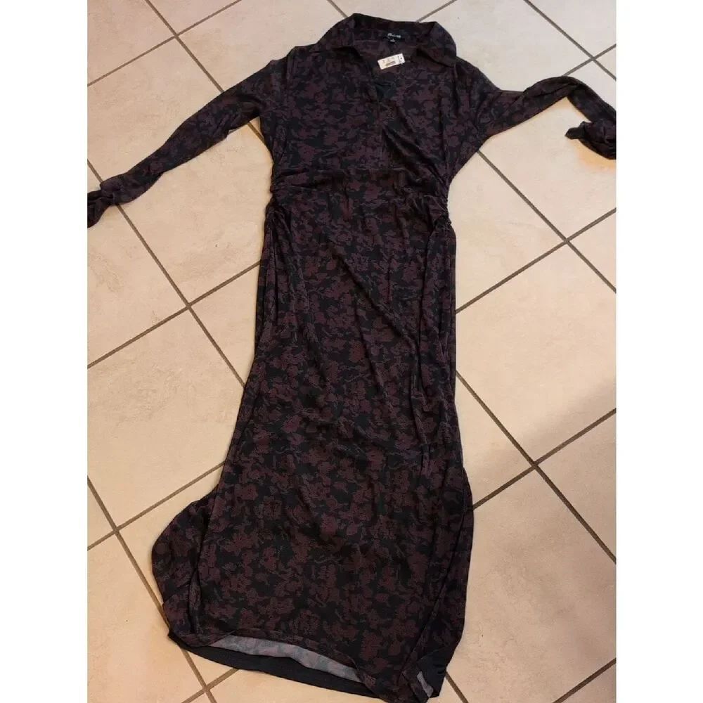 NWT Madewell Chandra Long-Sleeve Polo Midi Dress Deep aubergine Purple Floral L - Picture 2 of 15